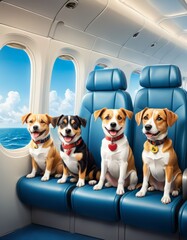 Four adorable dogs sit in airplane seats, ready for an adventure. A delightful scene perfect for travel and pet-themed projects.