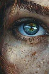 Close-up photo of a woman's blue eye with freckles on her face and wearing brown eyeshadow.