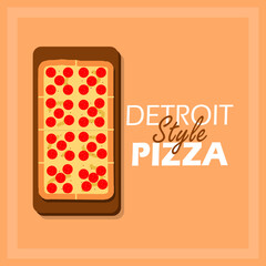 National Detroit Style Pizza Day event food banner. Rectangular style pizza served on rectangular wooden plate on light brown background to celebrate on June 23rd