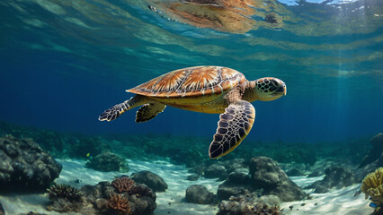 Obraz premium Stunning Majestic Large Endangered Sea Turtle Scouting For Food In Its Natural Habitat Underwater Photography Style 300 PPI High Resolution Image Background Wallpaper