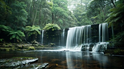 Obraz premium Traumhafter Wasserfall in die Natur eingebettet. Das Wasser rauscht und schafft eine friedliche und meditative Atmosphäre. Gefühl der Achtsamkeit.