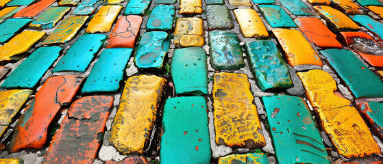 A colorful mosaic of worn cobblestones in a sunny european city. A close-up view of a cobblestone street, with vibrant yellow, teal, and orange stones worn by time and weather
