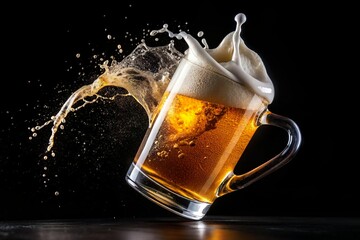 foaming beer cup spill liquid splash isolated on black background