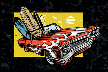 Vintage car with surfboard palm trees and the sun. Long beach, summer vibes hand draw. vector illustration