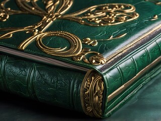 close up of green leather book cover