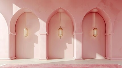minimalist designs, eid al - adha background featuring a pink rug and a hanging light, with a white shadow adding depth to the scene