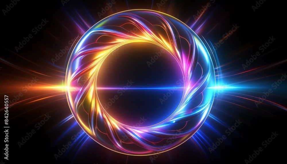 Wall mural 3d fluid circular glow as multicolored energy flows neon element abstract metallic holographic color