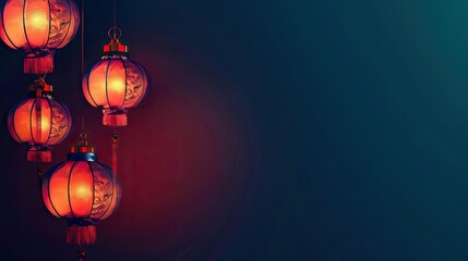 lanterns of various colors illuminate a dark room, including red, orange, and hanging lanterns, with a blue wall in the background