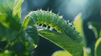 Naklejka premium A close-up of a green caterpillar on a leaf in a summer garden.