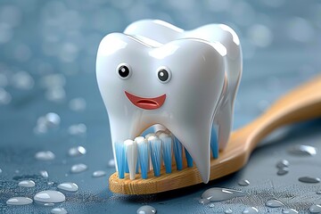 An animated tooth character with a friendly face sits atop bristles of a bamboo toothbrush, suggesting dental care