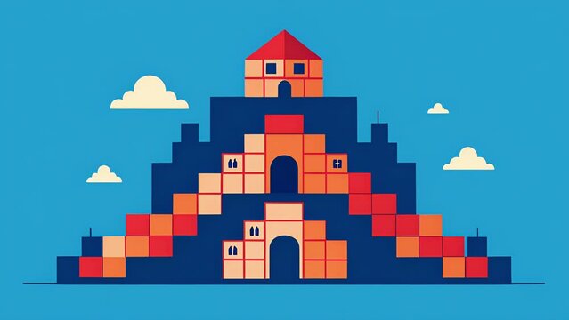 A digital fortress of blocks each one containing encrypted data forming an unbreakable wall of security against potential hackers.. 2d flat cartoon