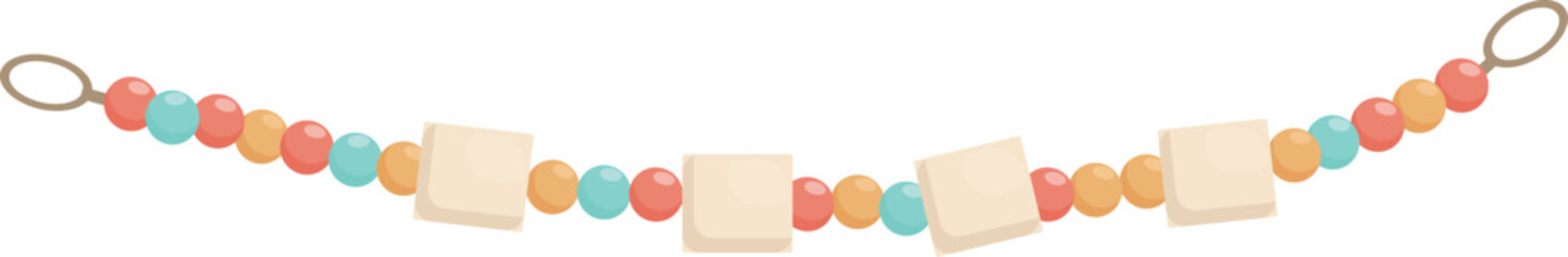 String of colorful beads and wooden squares is hanging on a white background