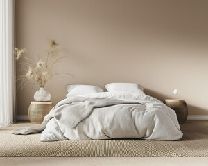A minimalist style and soothing beige colors, bedroom mockup.