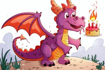 Fototapeta premium A content purple dragon with striking wings and horns excitedly lights a birthday cake with its fiery breath in an outdoor setting