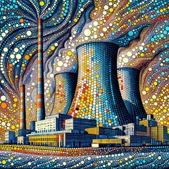 A surreal, abstract cityscape with tall nuclear reactor towers amid swirling patterns of colorful dots, resembling an intricate bubble or pointillism artwork.