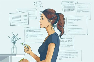 An illustrated woman at a desk surrounded by floating paper documents