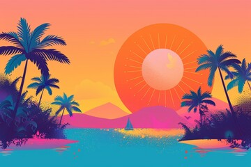Surreal and colorful digital artwork of a sunset with an oversized sun, silhouetted palm trees, and a tiny sailboat