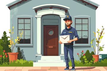 Cartoon illustration of a postal worker delivering an envelope in front of a residential house