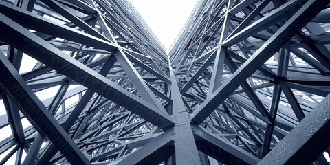  Abstract view of industrial steel framework captured from below, showcasing intricate structural design and engineering. The metallic beams intersect and form a complex geometric pattern