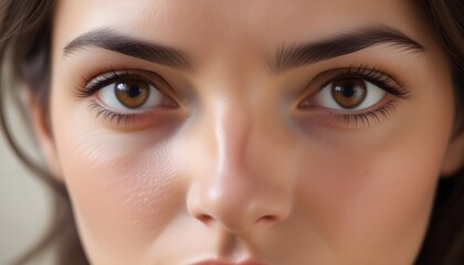 Caucasian woman, brown eyes, intense stare, closeup