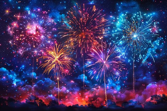 Digitally rendered illustration of fireworks in a galaxy-themed backdrop with clouds and stars