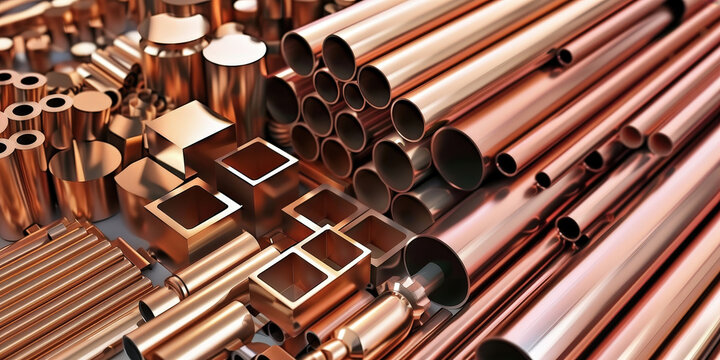 Assorted copper pipes and profiles stacked together, showcasing various shapes and sizes.  shiny, metallic surface of the copper material, representing industrial and construction applications..