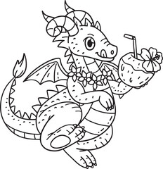 Dragon with Coconut Drink Isolated Coloring Page 