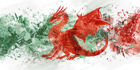 The Red Dragon: The Flag of Wales as a Symbol of Welsh Identity - Imagine the flag of Wales with its red dragon on a green and white background, symbolizing Welsh identity and pride