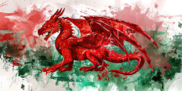 The Red Dragon: The Flag of Wales as a Symbol of Welsh Identity - Imagine the flag of Wales with its red dragon on a green and white background, symbolizing Welsh identity and pride