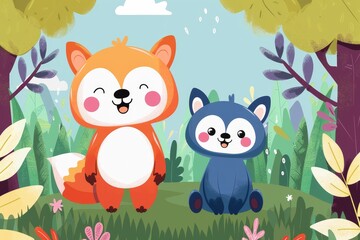 A joyful digital artwork of cartoon foxes with bright colors in a forest-like environment, showcasing a theme of friendship
