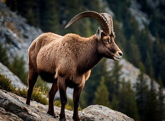 Big beautiful ibex on a forest hill