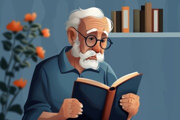 Despite the blurred face, the illustration shows an elderly man absorbed in reading a book with shelves in the background