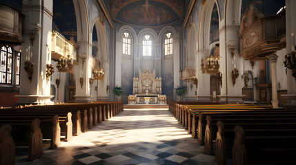 Fototapeta premium Majestic Cathedral Interior with High Ceilings, Stained Glass Windows, and Grand Architectural Details Creating a Sense of Grandeur and Spirituality Ideal for Historical and Architectural Enthusiasts