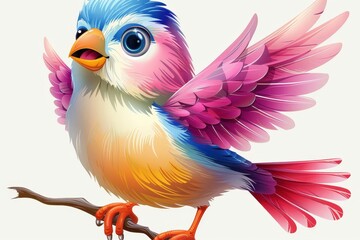 Obraz premium Digital illustration of a cute parrot with pastel-colored feathers standing on a wooden perch