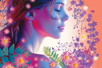 Artistic silhouette of a woman with a backdrop of flowers and vibrant gradient colors