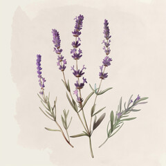 Naklejka premium Watercolor drawing of one sprig of lavender, art, watercolor, hand drawn illustration, ai generative 