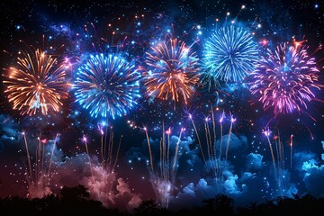 This image shows a breathtaking fireworks show against a backdrop of a starry night sky and distant clouds