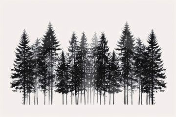 Fototapeta premium Silhouettes of tall pine trees create an artistic forest scene against a light background emphasizing their height and structure
