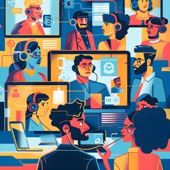 The concept of global business connectivity with an image showing diverse professionals engaging in a video conference call across different time zones. Created using generative AI.