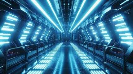 Futuristic neon room with glowing laser and vibrant tunnel. Modern stage design with abstract perspective and colorful illumination. Perfect for club and party themes.