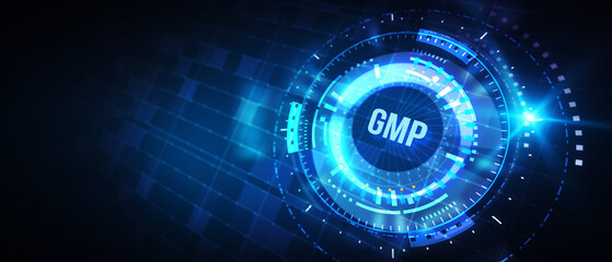 Good manufacturing practice certification quality control on virtual screen. GMP. 3d illustration