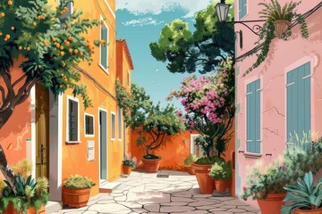 Fototapeta premium A digitally rendered alleyway with bright orange Mediterranean-style houses adorned with lush greenery and flowers