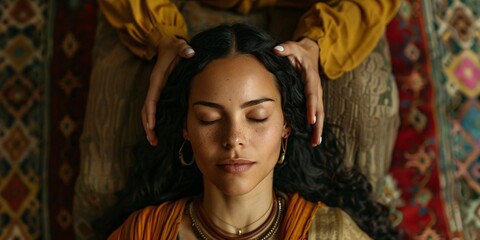 A professionally massaged woman in Ayurvedic style, featuring organic-inspired body art