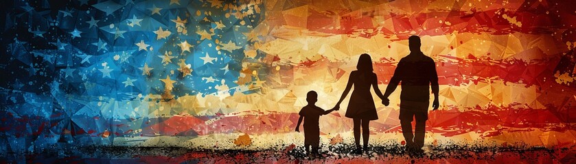 Naklejka premium United Family: Patriotic Silhouette Holding Hands in front of American Flag Banner