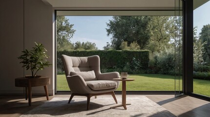 Obraz premium Modern living room with a chair and table offers a stylish space to relax