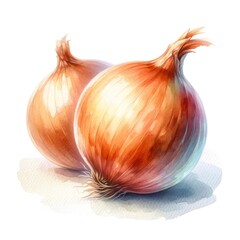 Two onions with rich golden-brown skins, depicted in a detailed watercolor style on a white background.