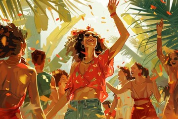 Obraz premium A digitally painted festive scene depicts a crowd of happy people celebrating at a tropical party with vibrant colors