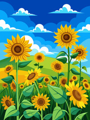 A sunflower field with a blue sky backdrop vector