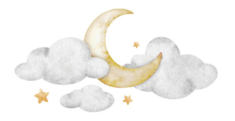 Moon with clouds and stars. Grey crescent moon. Cute baby Watercolor illustration. Isolated. Design for logo, kid's goods, clothes, textiles, postcards, baby shower and children's room © Fedulova_art
