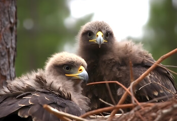 Fototapeta premium Half grown steppe eagle chicks in the nest. Bird of prey in nature.